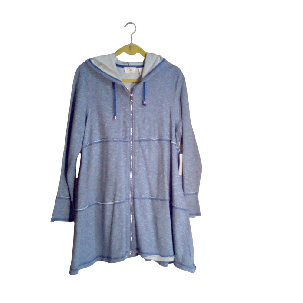 OSO Casuals Cardigan Medium Blue Marled Boho Hippie Comfy Frayed Design Hooded